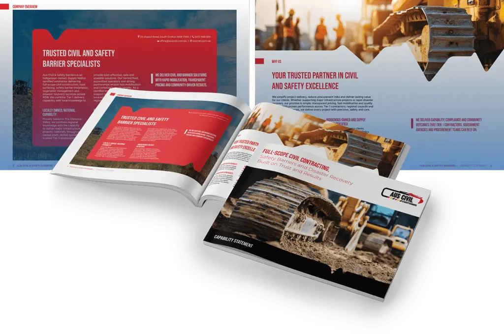 Three brochures featuring construction-themed images and red, blue, and white design elements. The brochures promote civil and safety barrier specialist services with photos of heavy equipment and construction sites.