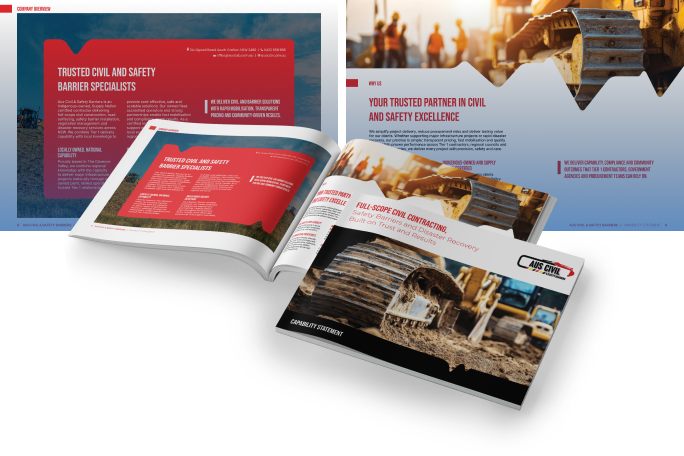 Three brochures featuring civil construction and safety barrier services are displayed. One is open, showing red and white pages, while two are closed, displaying construction equipment and site images on their covers.