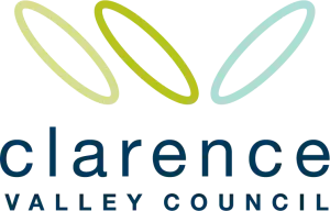 Logo for Clarence Valley Council featuring three overlapping oval shapes above the words "Clarence Valley Council." The ovals are yellow-green, light blue, and pale blue.