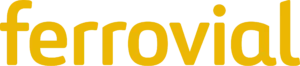 The image shows the word "ferrovial" in lowercase, bold yellow letters on a transparent background.