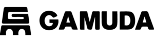 Black logo showing a stylized elephant on the left and the word “GAMUDA” in bold, uppercase letters on the right.