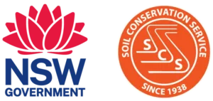 NSW Government logo with a red waratah flower and bold blue text, alongside the orange Soil Conservation Service circular logo with "SCS" and "Since 1938".