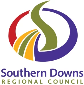 Logo of Southern Downs Regional Council featuring a stylized "S" in green, with red, yellow, and purple curved shapes, above the text “Southern Downs Regional Council.”.