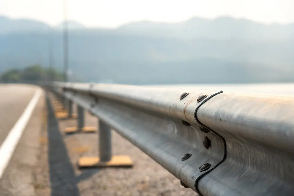Close-up view of a metal highway guardrail running alongside a road, with mountains and a hazy sky in the background—showcasing Hunter Valley trades expertise through the precision installation and enduring quality of local workmanship.