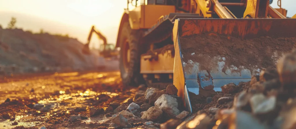 Close-up of a bulldozer pushing dirt at sunset, with another excavator working in the background. This scene, bathed in golden light, reflects bout MIH’s focus on safety culture and reliable labour hire at every construction site.