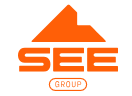 An orange logo featuring a stylized mountain shape above the bold letters "SEE." The word "GROUP" appears below in a rounded rectangle outline.