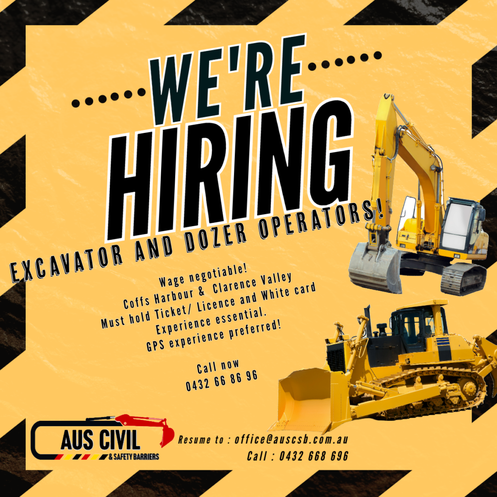 A job advertisement with bold text reading “We’re Hiring Excavator and Dozer Operators!” over a background with excavator and dozer images. Contact details and qualifications required are listed at the bottom.