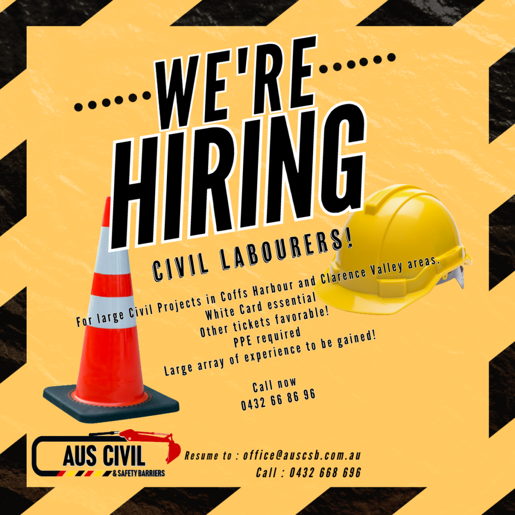 A recruitment ad for Aus Civil seeking civil labourers, featuring bold "We're Hiring" text, a traffic cone, and a yellow hard hat on a construction-themed background. Contact details for applications are provided.